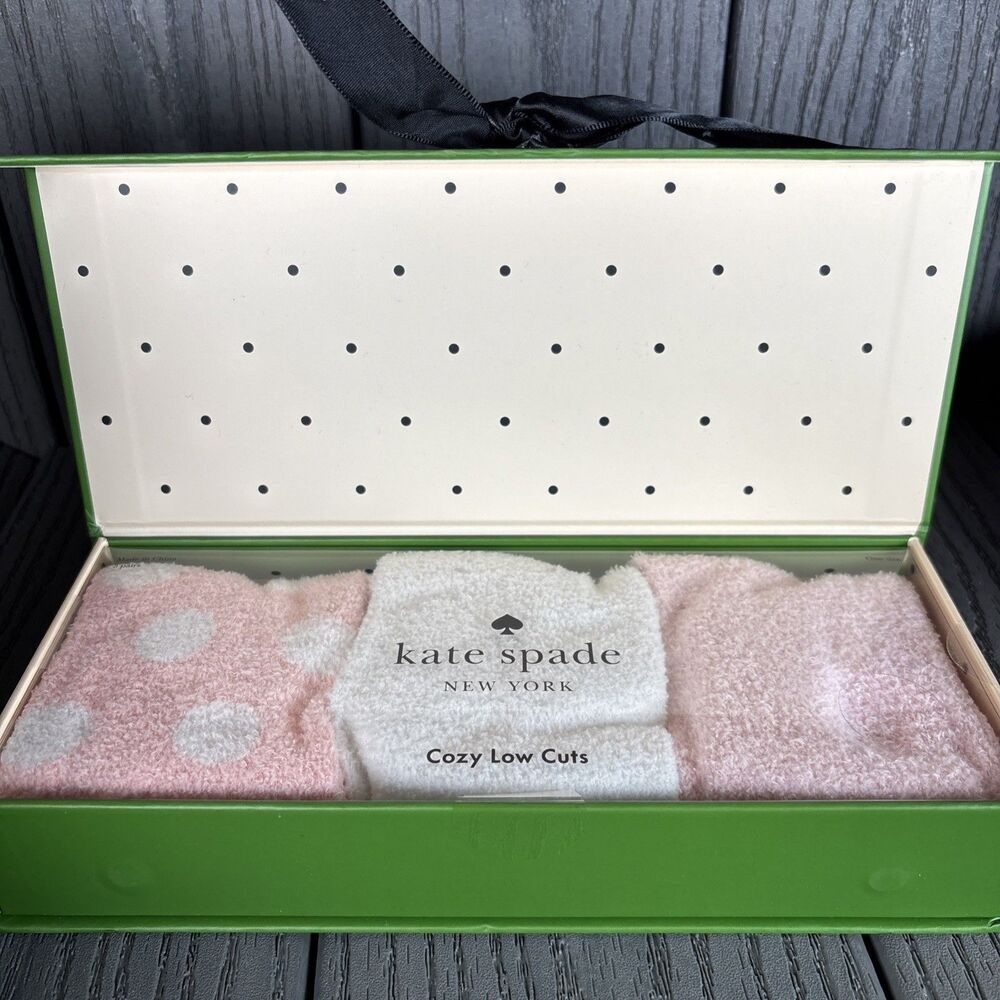 Brand New Kate Spade Soft Pink/Cream/ Polka Dot Comfy Socks (3) W Gift Box